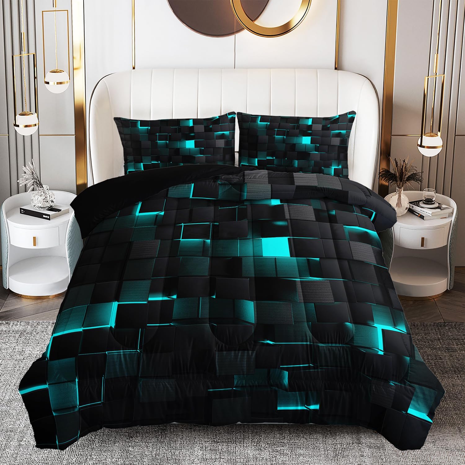 Luxurious 3PCS Comforter Set in Modern Geometric Design | Queen Size Soft Microfiber Bedding for Bedroom Decor | Includes 1 Comforter and 2 Pillowcases | EJBTTAA181