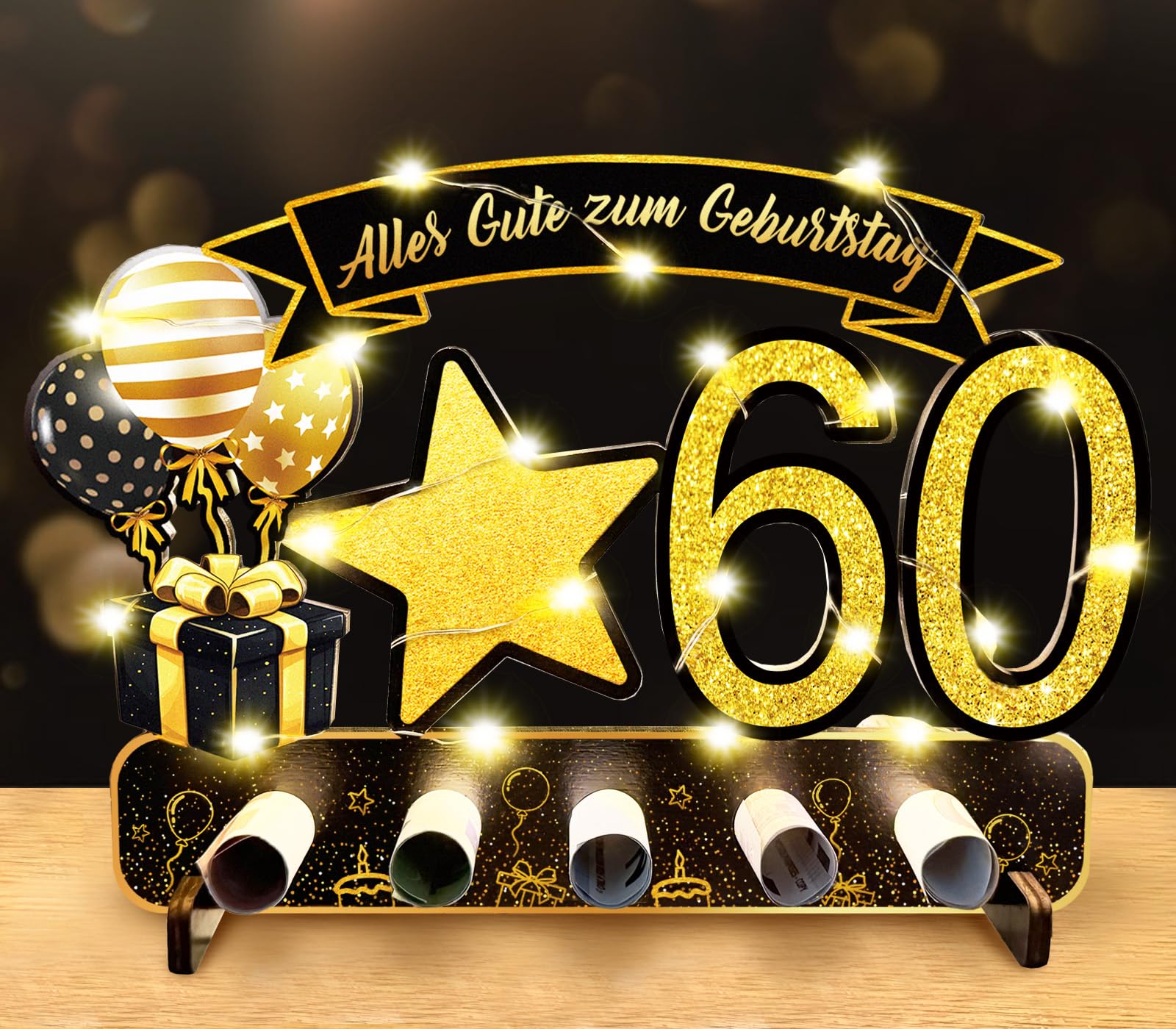 Luckeey Geldgeschenke Geburtstag 60, Geschenke 60 Geburtstag Mann mit LED Lichterkette, Geldgeschenke Verpackung Holz, Schwarzes Gold Tischdeko Geburtstag für Mann Frau