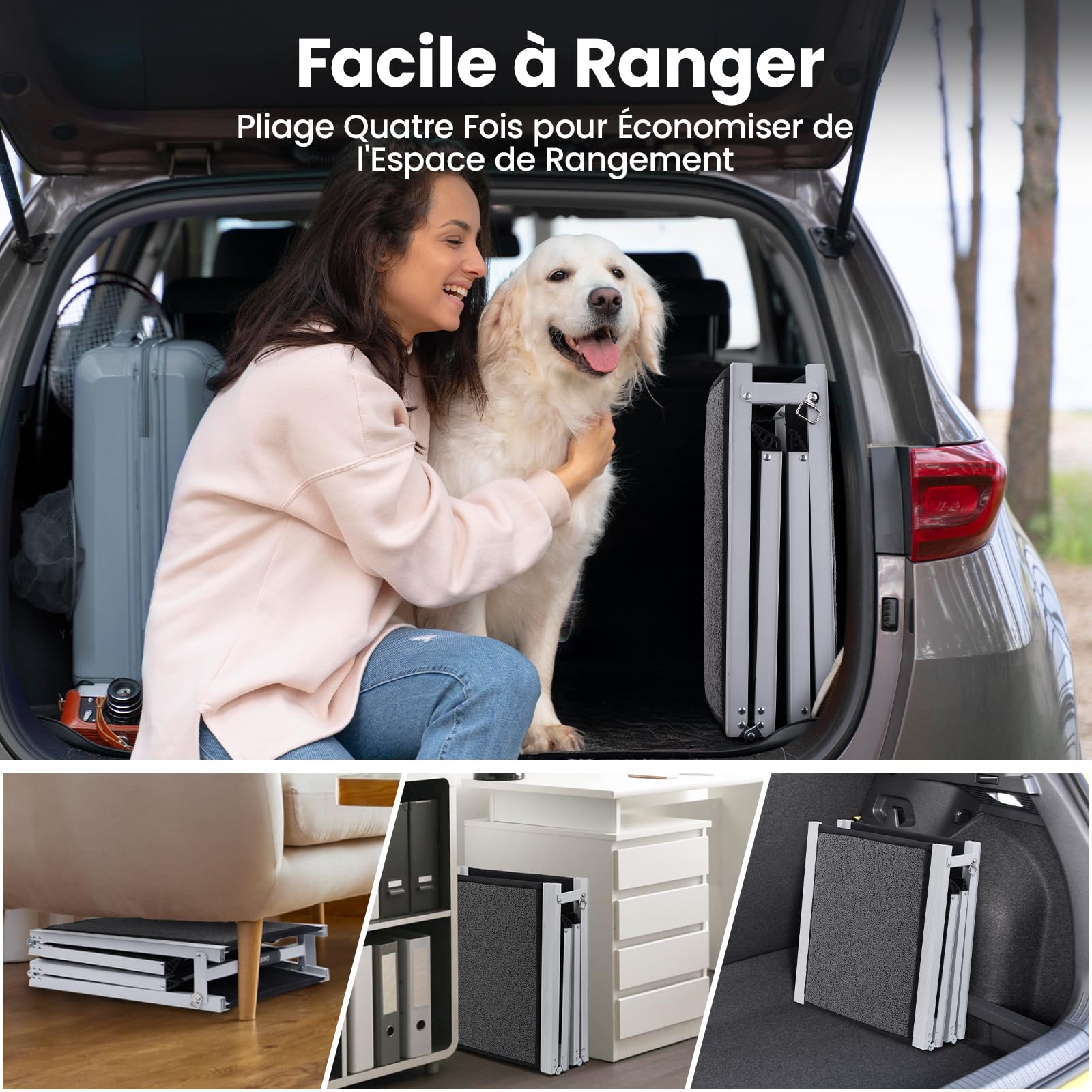 Rampe de Voiture Pliable pour Chien 170 x 44cm, Rampe Portable d'Accès Chien avec Surface Antidérapante, Cadre en Aluminium, Dog Ramp pour Camion Lit Voiture SUV, Légère et Facile à Ranger
