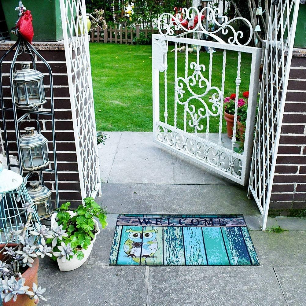 Linfevisi Owl Welcome Door Mat Outdoor Indoor Entrance Spring Doormat Rubber Back Bird Front Door Mats for Outside Inside Decorative Entryway Rug Non Slip for Patio Porch 17.3X29 Inch (Green)