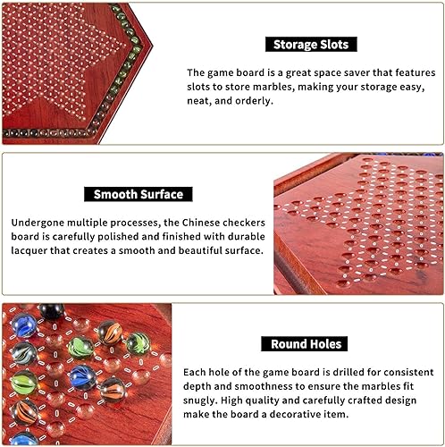 Miniatura 5 de AMEROUS Juego de mesa de damas chinas de madera de 13.6 pulgadas con 60 canicas de vidrio coloridas, juego de estrategia clásico para niños,