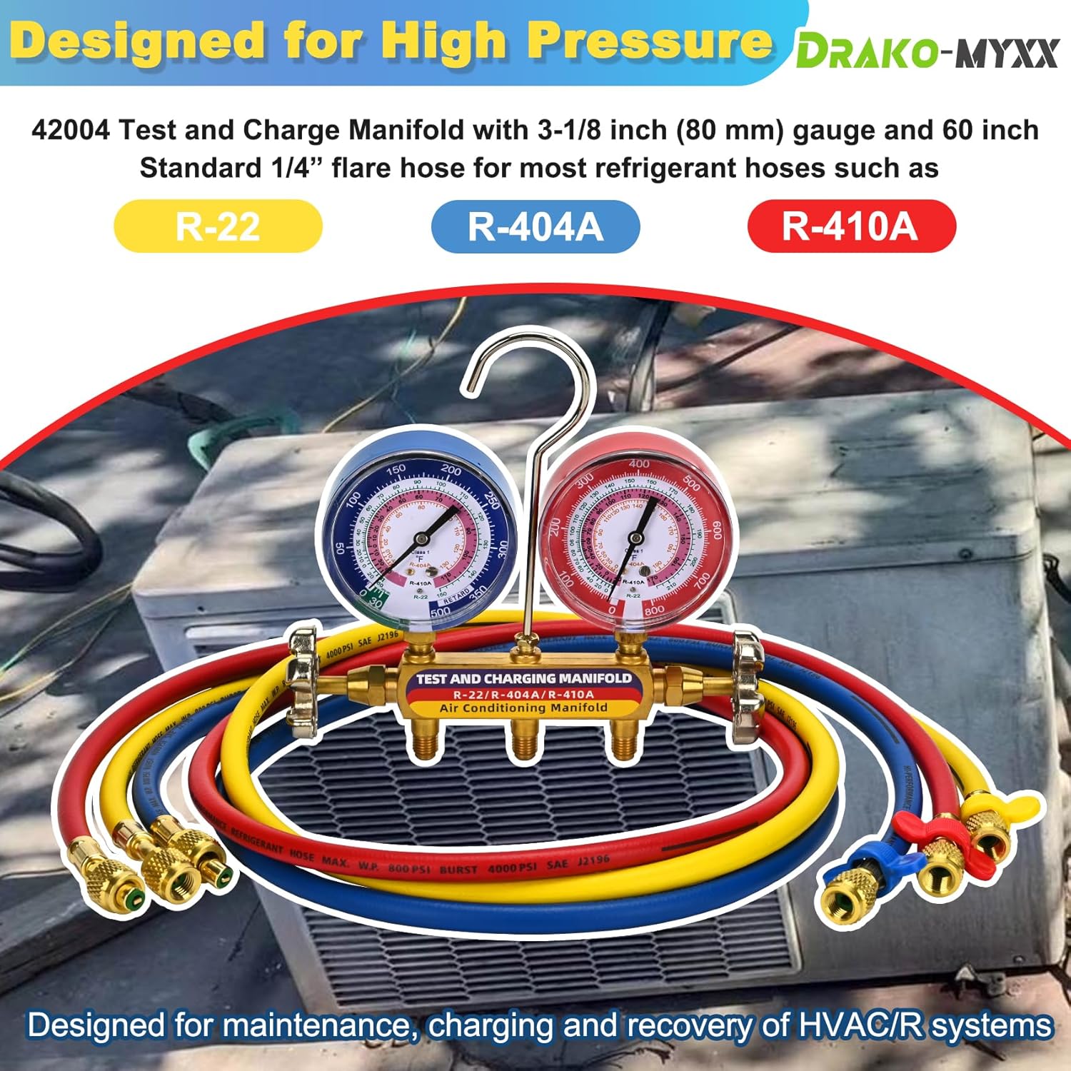 2026 Upgrade 42004 Test and Charge Manifold with 3-1/8" (80 mm) Gauge, for R-22/ 404A/ 410A, 1/4" to 1/4" Standard Flare Fittings with 60" HVAC Hoses, Gauge with Colored Label, Hvac Gauges with Hoses