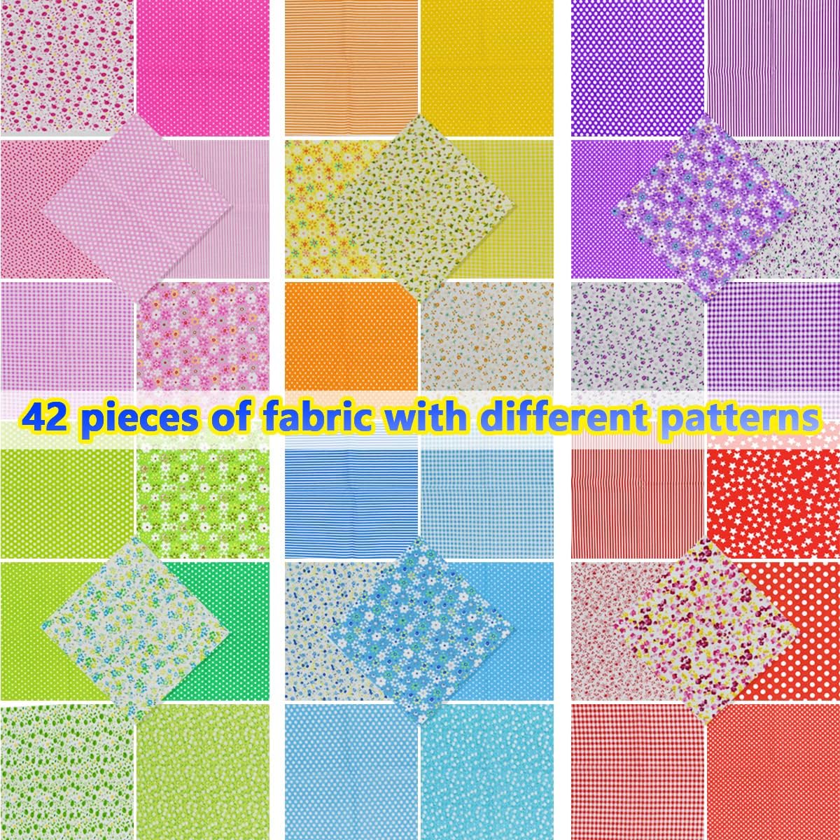 9.8X 9.8 42Pcs Cotton Print Fabric Bundle Squares Pre-Cut Multicolor Design Printed Quilting Sewing Floral for Quilting Patchwork DIY Craft Scrapbooking Cloth (Red/Yellow/Green/Blue/Pink/Purple)