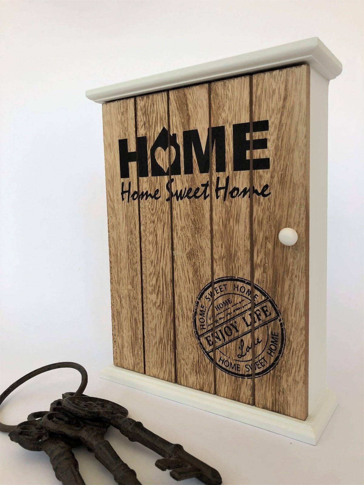 Wooden Home Sweet Home Heart Key Box Cupboard Rustic Shabby Vintage 6 Hooks