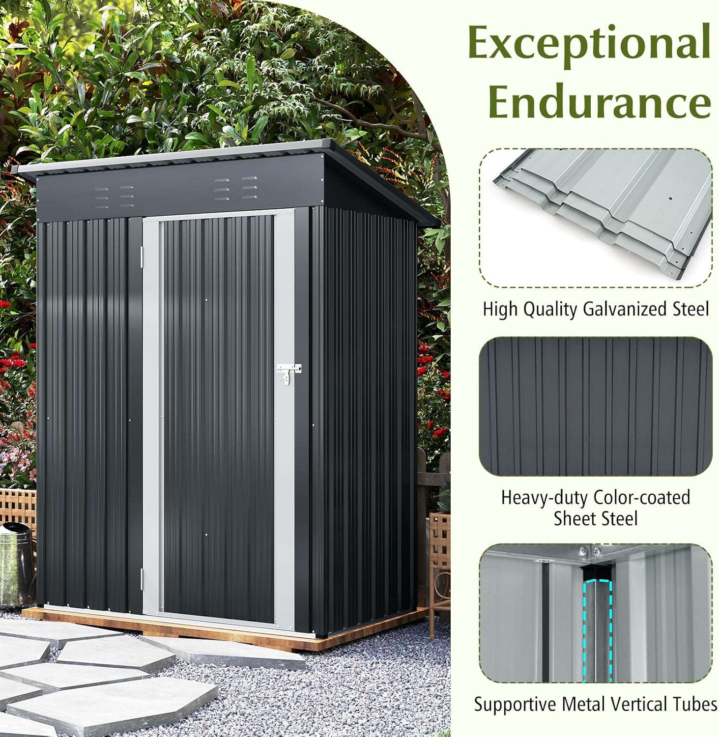 Outdoor Storage Shed, 5 x 3 FT Steel Utility Tool Shed with Tilted Roof, Lockable Doors & Air Vents, Galvanized Garbage Shed for Patio, Lawn & Backyard