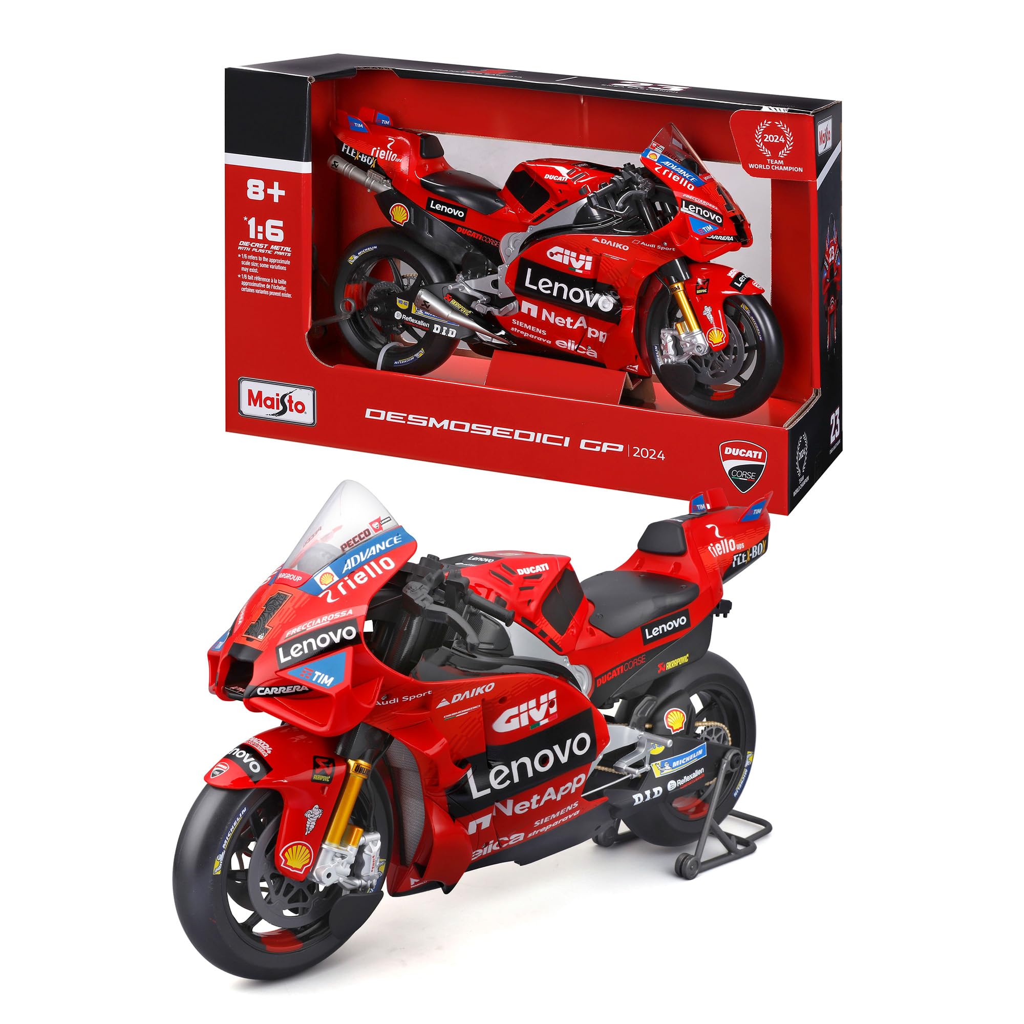 MAISTO Ducati Lenovo Moto GP Racing 2024#1 Francesco Bagnaia, rot - Modellmotorrad 1:6 Originalgetreues Sammlermotorrad Spielzeugmotorrad mit Lenkung & Präsentationsständer, ab 14 Jahren (532245)