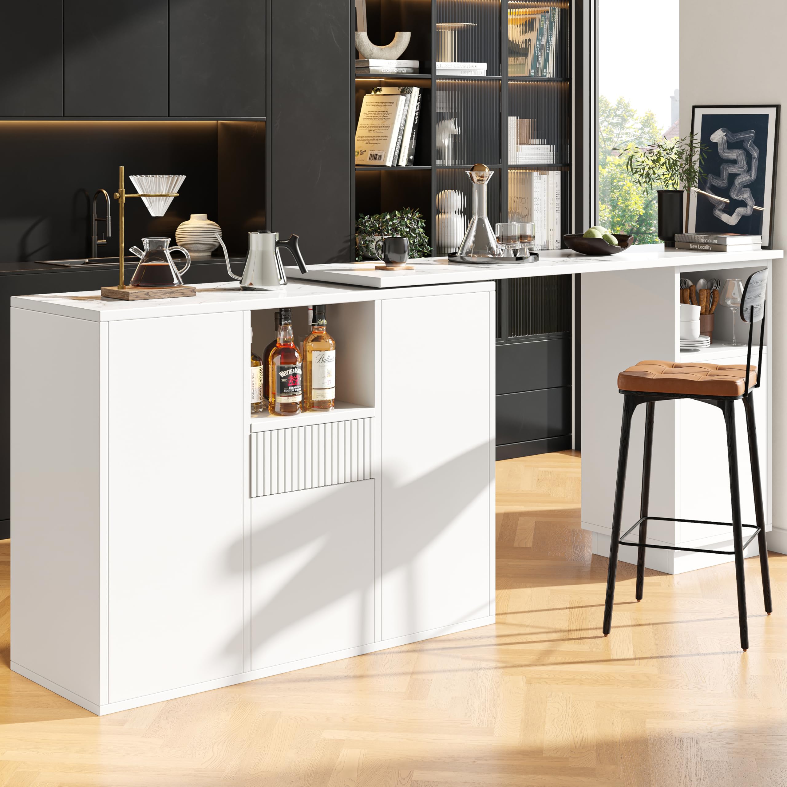 Merax 360° swivelling Dining Bar table,with open storage space and marble worktop, for Kitchen, Dining Room, Living Room, White/Main Body 198.5 x 30 x 75 cm