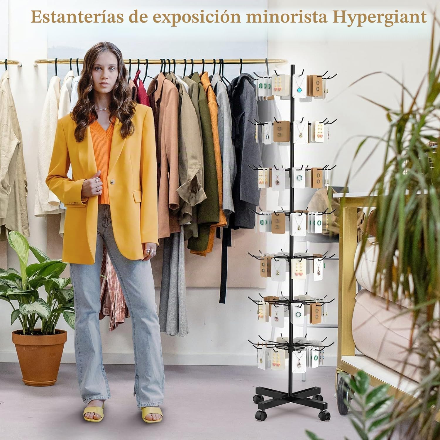 7 Niveles Soporte de Exhibición Giratorio,con Ganchos y Ruedas,para Sombreros,Joyas,Calcetines y Bufandas de Seda (Negro)