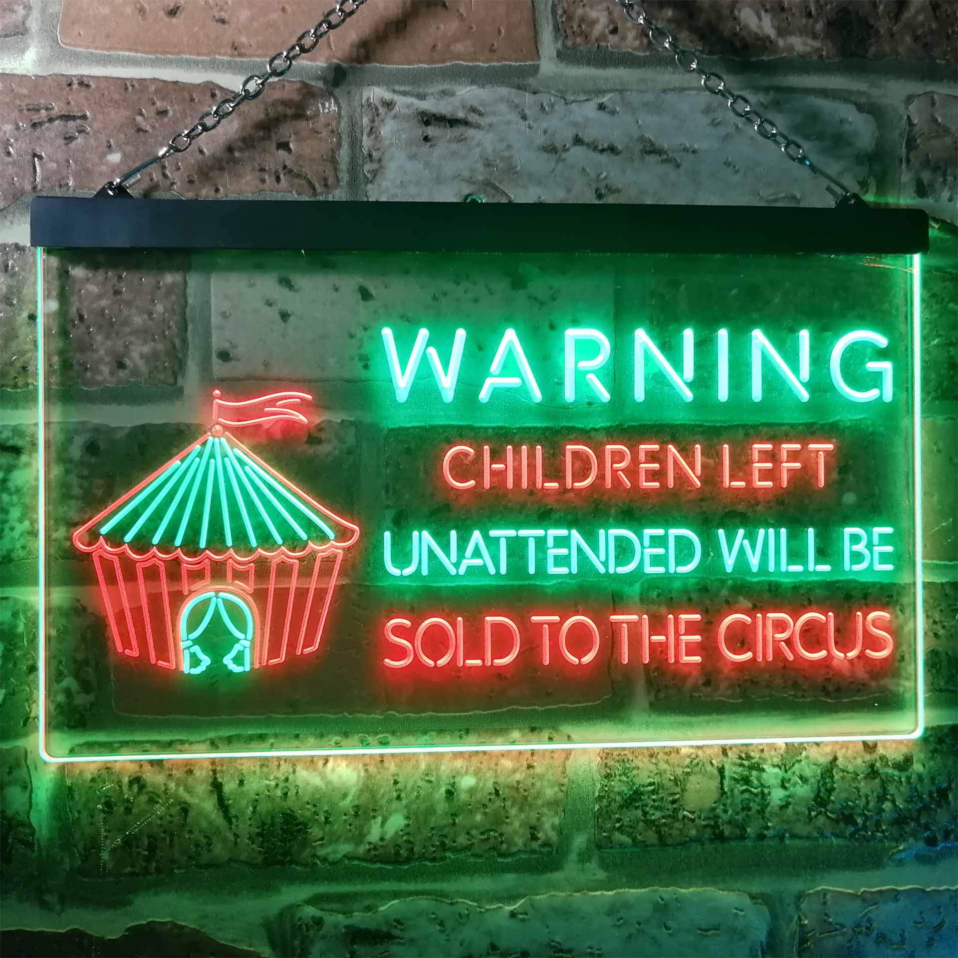ADVPRO Children Left Unattended Sold to Circus Warning Dual Color LED Enseigne Lumineuse Neon Sign Vert et Rouge 600 x 400mm st6s64-i3421-gr