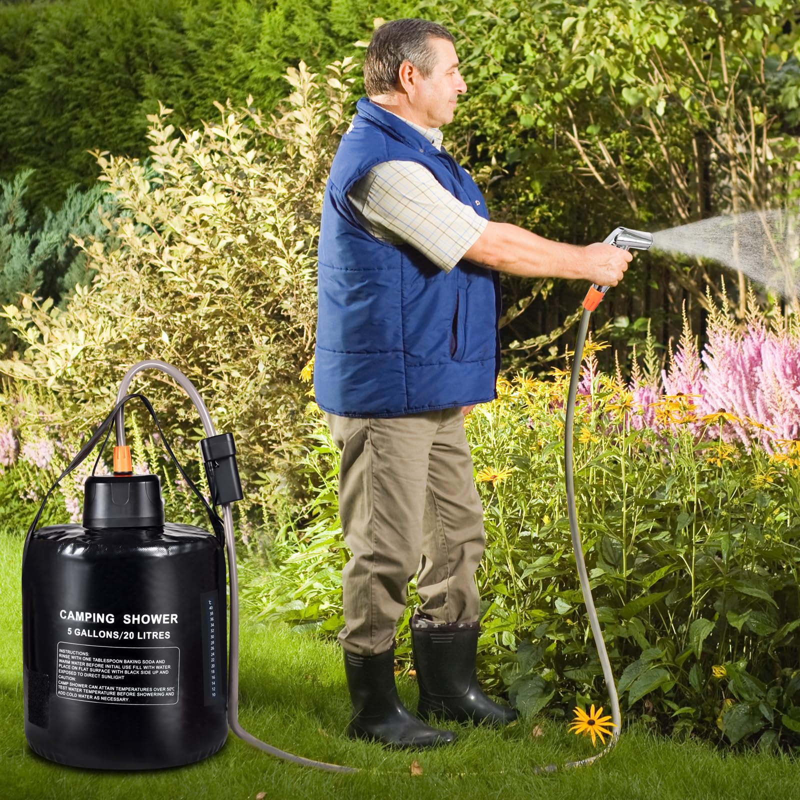 20L Sacco d'Acqua per Campeggio Doccia Portatile,termometro,Riscaldamento Solare,Batteria Integrata 4400mAh,Ricarica USB,spruzzatore,Adatto per Escursioni/Zaino,Campeggio,Spiaggia,Giardino