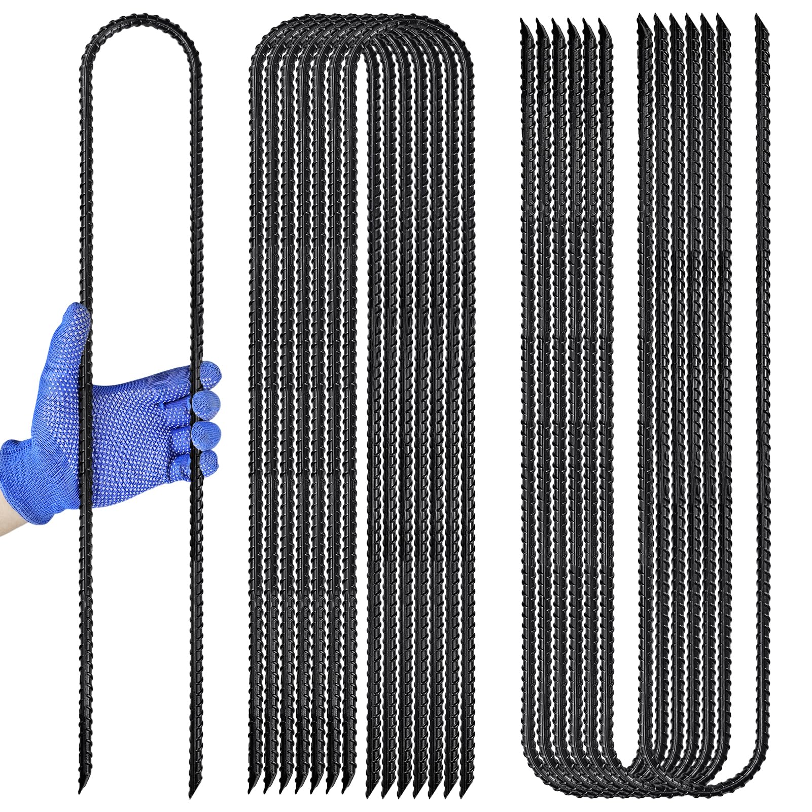 Anclajes de suelo para cama elástica de 24 pulgadas, estacas de refuerzo en U resistentes para trampolín, valla de perro, revestimiento antioxidante negro (8)