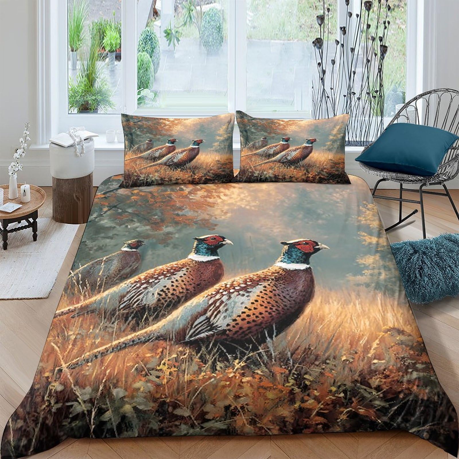 3D Printed pheasant birds Comforter Cover Premium Polyester wildlife painting style Duvet Cover Shrink Resistant Stain Resistant Soft Comfortable Easy Care for Home Bedding Single（135x200cm）
