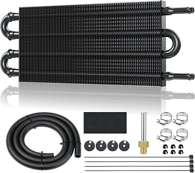 Universal 5/16" Transmission Oil Cooler Kit, Aluminium alloy 4 Pass Tube and Fin Oil Cooler Kit with Hose Mounting Kit, Black