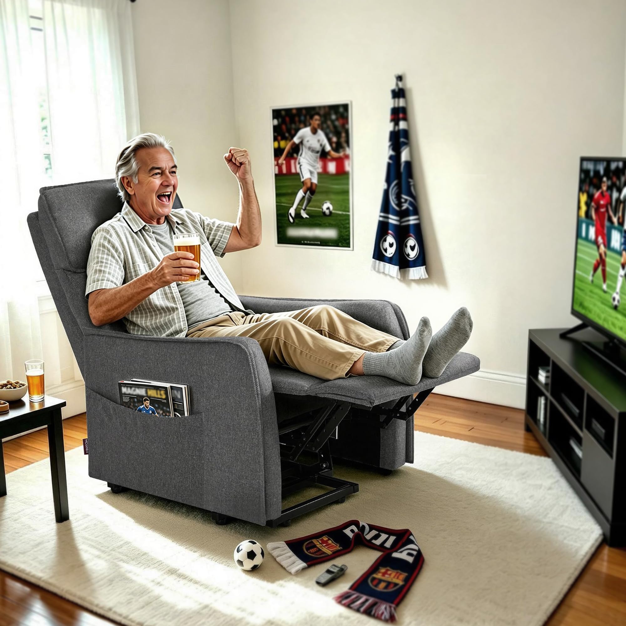 M MCombo Sillón TV con Asistencia Eléctrica para Levantarse, Sillón TV con función reclinable hasta 135°, Masaje & Calefacción, pequeño sillón Elevador, sillón Senior para salón 7027 (Gris)