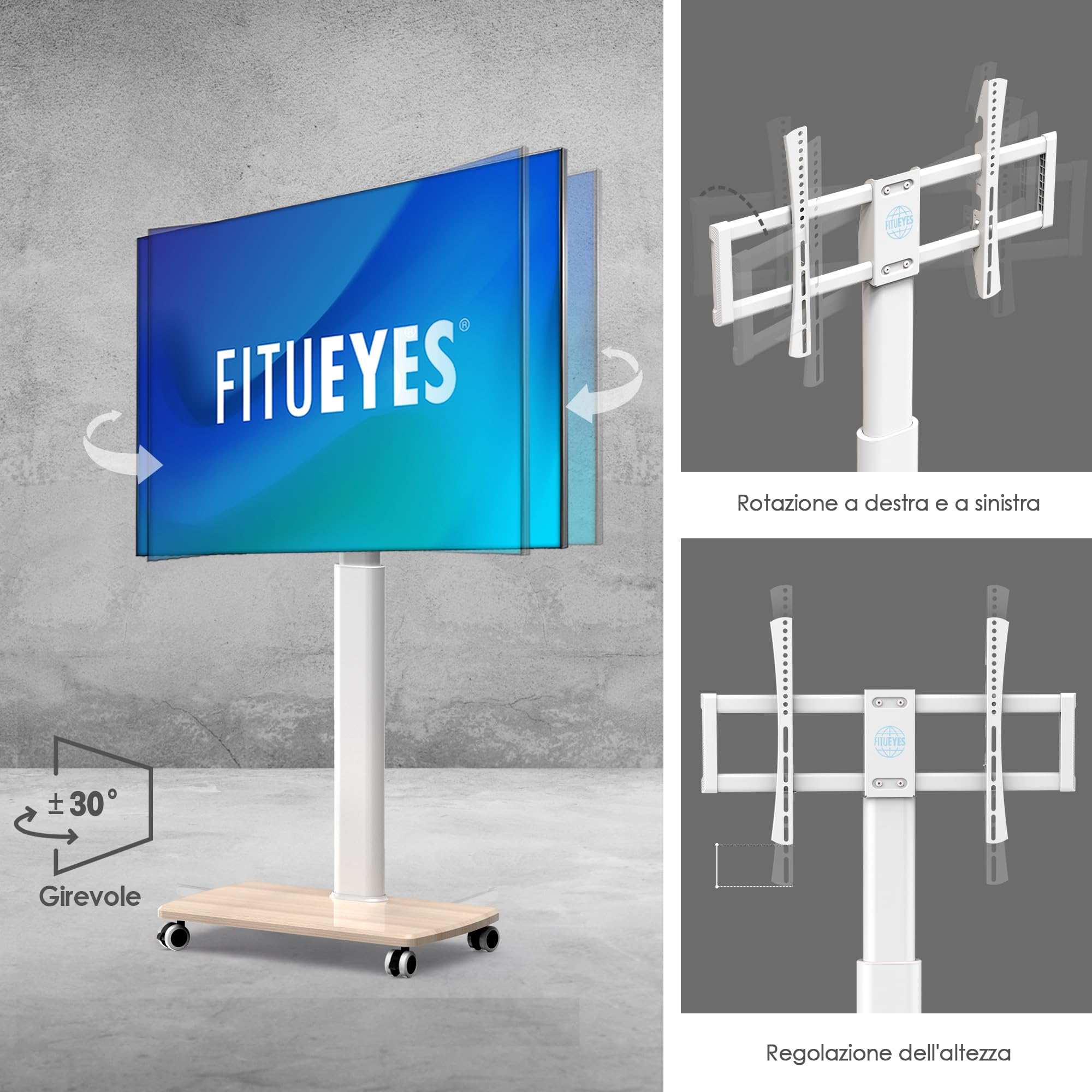 FITUEYES Carrello Porta TV con Ruote per 32-70 Pollici, 60° Girevole & 6 Altezza Supporto TV da Pavimento con Legno Base, Carrello TV con Ruote Max VESA 600x400mm Carico 40kg (Bianco)