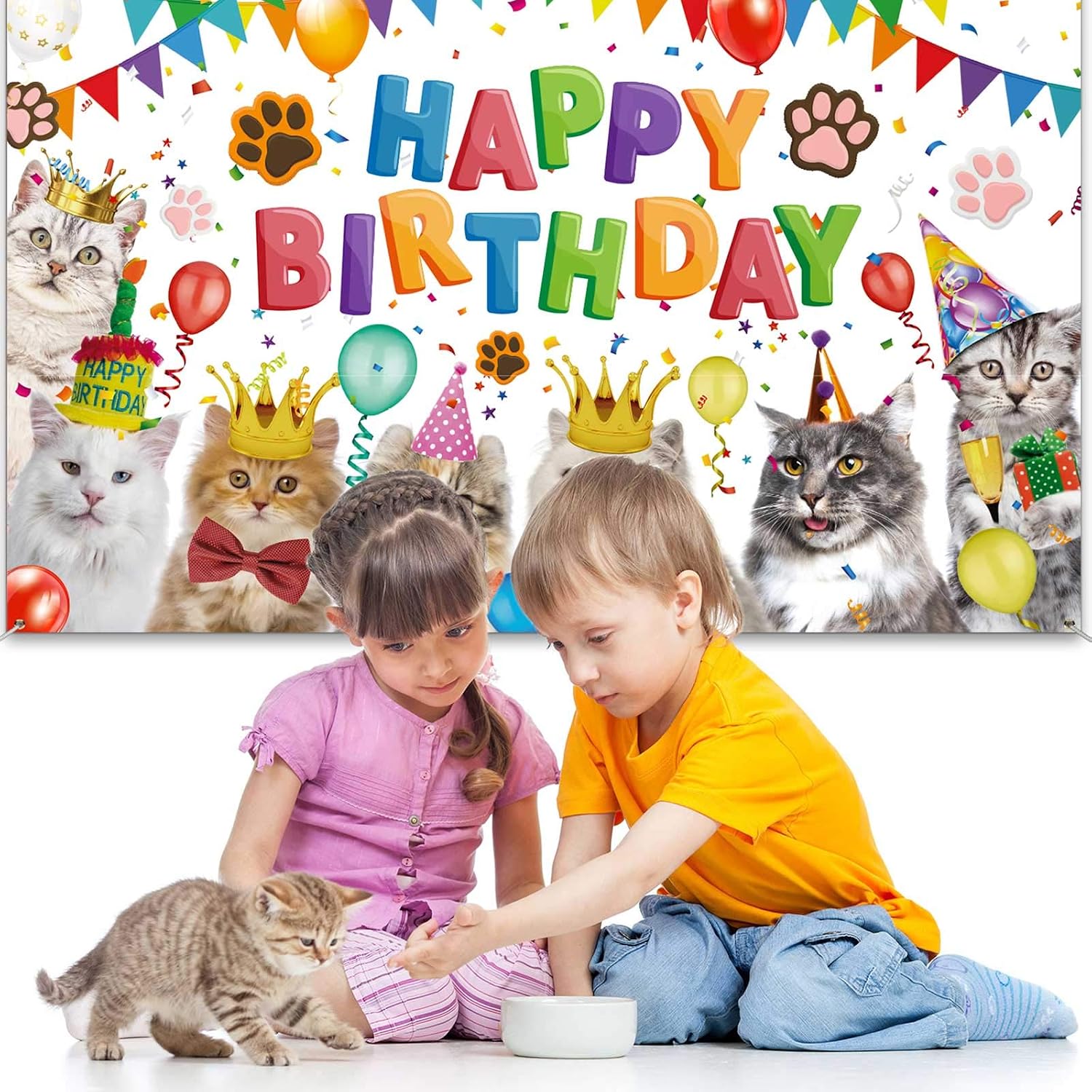 Tatuo 5.9x3.6 ft Happy Birthday Backdrop Cat Birthday Decorations Kitten Cat Theme Party Photo Backdrop Photography Background Pet Paw Party Supplies