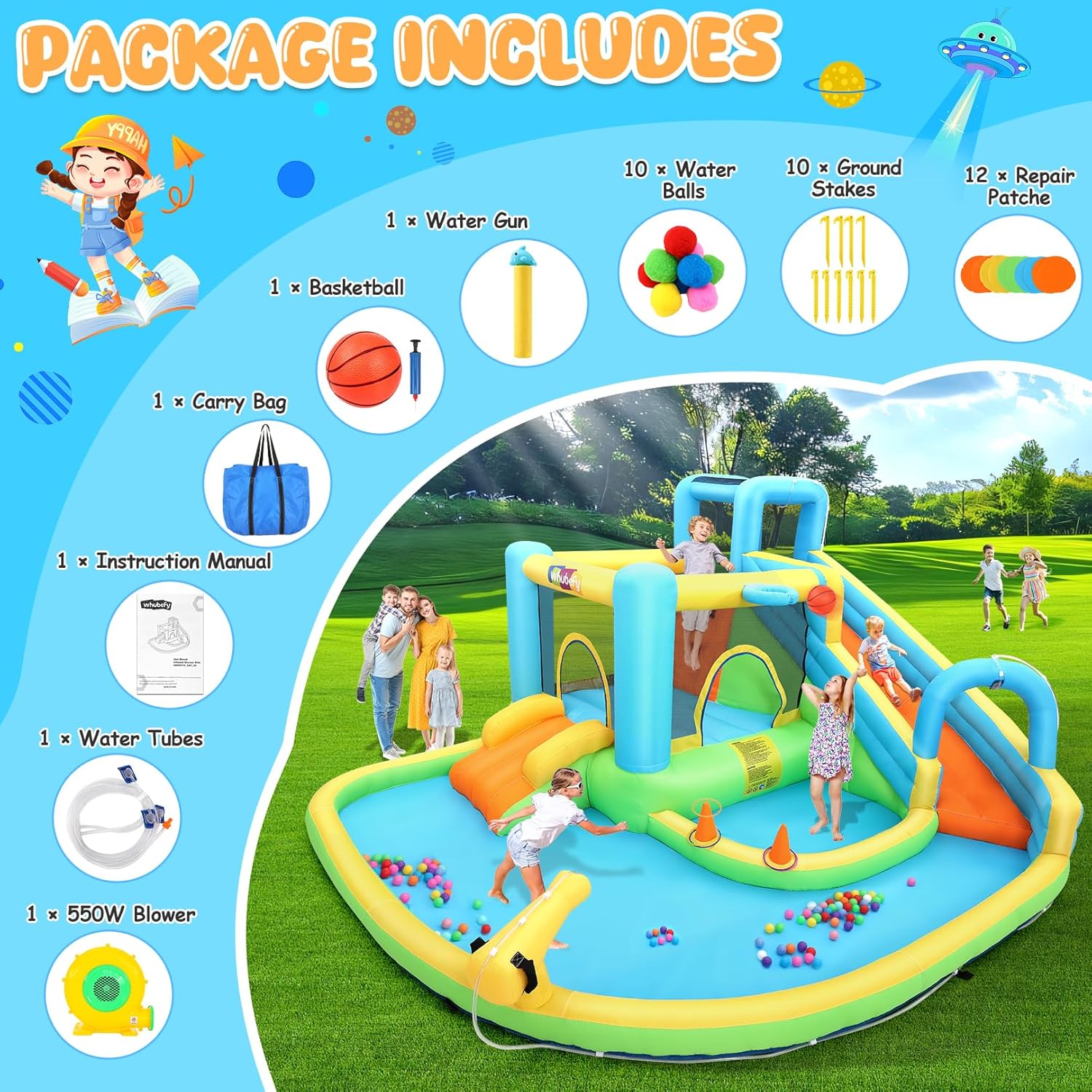 Inflatable Bounce House Water Slide for Kids 12.7FT x12FT Water Park with Splash Pool, Climbing Wall, Catch Ball Set & Toss Rings, Blower Included, for Party Holiday Outdoor Indoor (Water Park-Green)