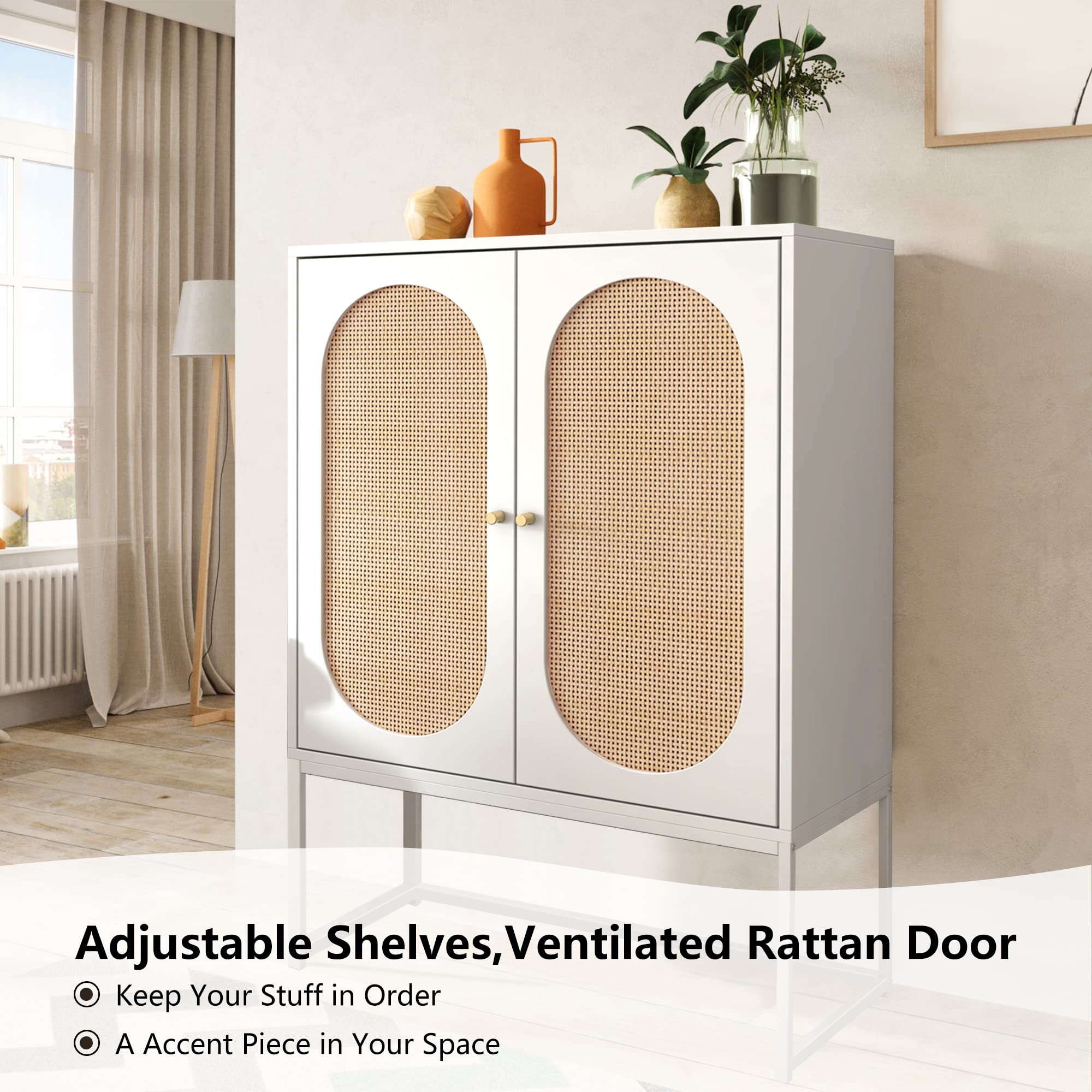 AWQM Natural Rattan 2 Door High Cabinet,Sideboard Buffet Cupboard Accent Cabinet,Adjustable Shelves,Free Standing Bookmatch,Easy Assembly,26.77" L x 15.75" W x 41.34" H,White