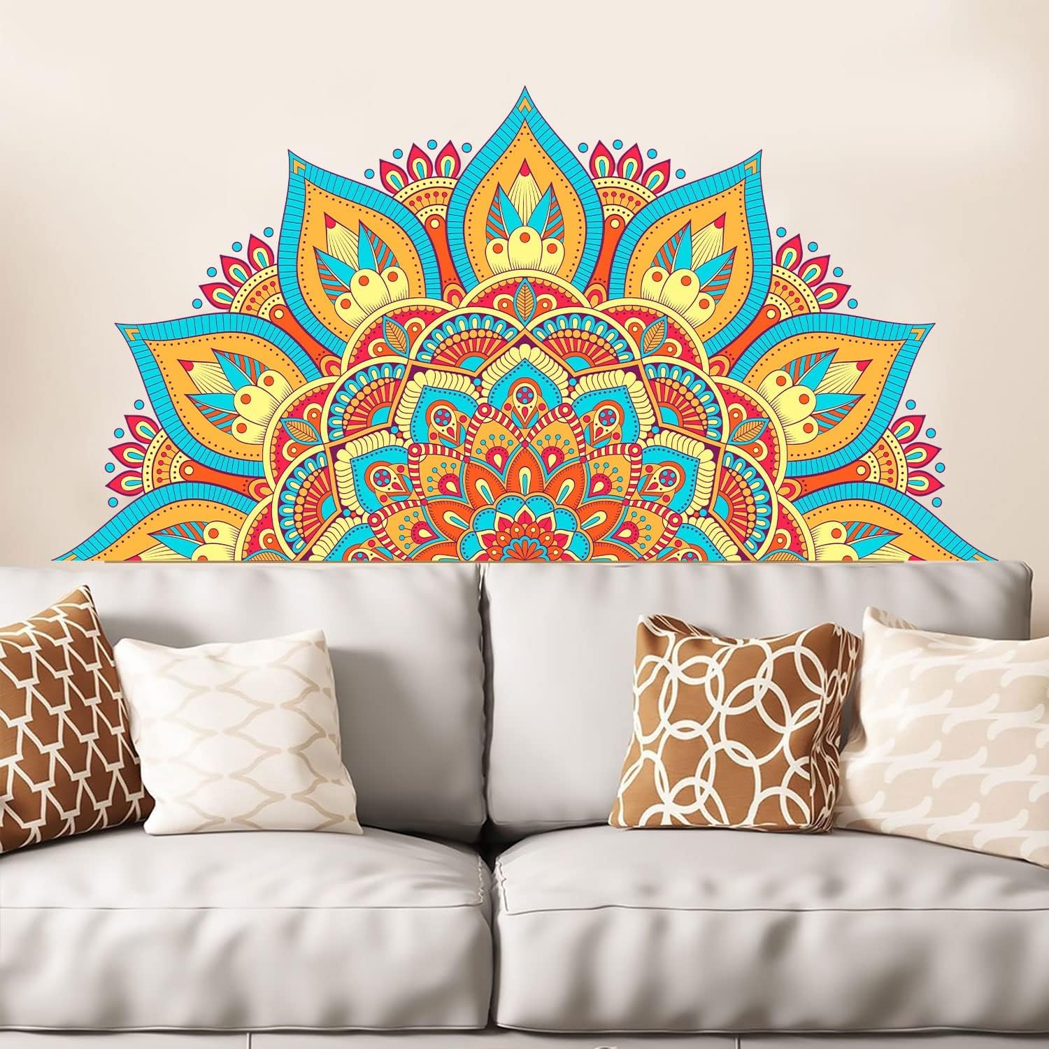 PICASSO SIGNAGE Large Half Mandala Boho Flower | Wall Sticker Colorful Floral Decal | for Bedroom Living Room Yoga Space Headboard Sofa and Home Décor 3