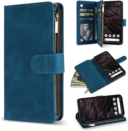 ZZXX Funda tipo cartera para Google Pixel 7A con ranura para tarjeta de bloqueo RFID, piel sintética suave de alta calidad, con cremallera, con