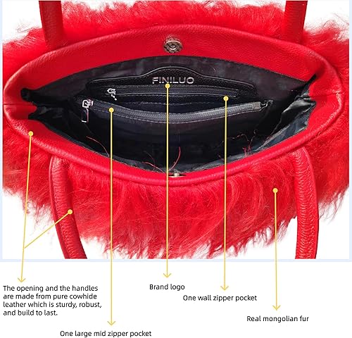 Miniatura 8 de Piel de lana al ras mongol del cordero real de lujo de las mujeres con el bolso de las manijas del cuero genuino