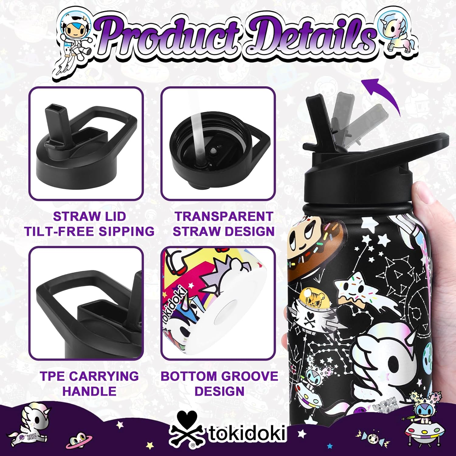 Tokidoki Unicorno Bottle 32oz Insulated Stainless Steel Water Bottle Reusable Vacuum Insulated Water Bottle Tumbler with Leak Proof Flip Bottle for Travel Office Gym (space) - Image 5