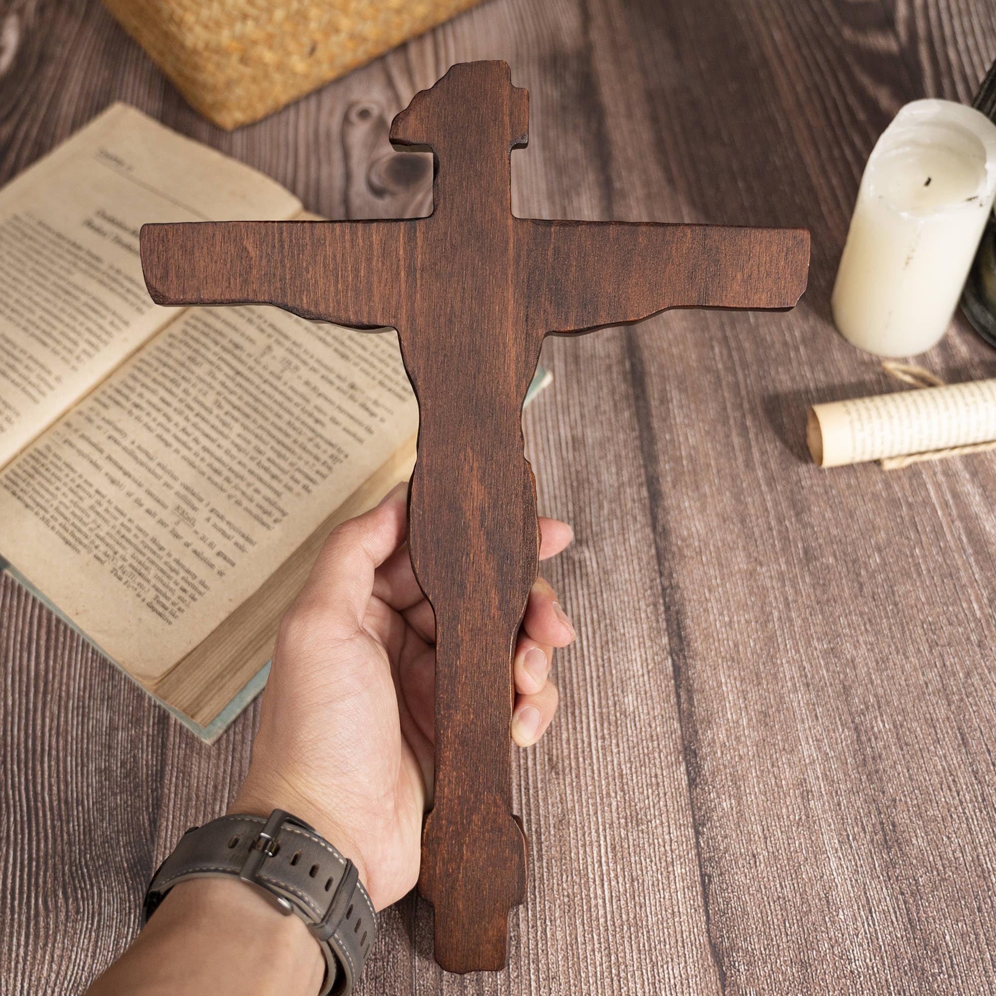 Crocifisso Da Parete In Legno Di Faggio Fatto A Mano Con Gancio - Decorazione Religiosa Per Casa E Chiesa, Regalo Di Natale