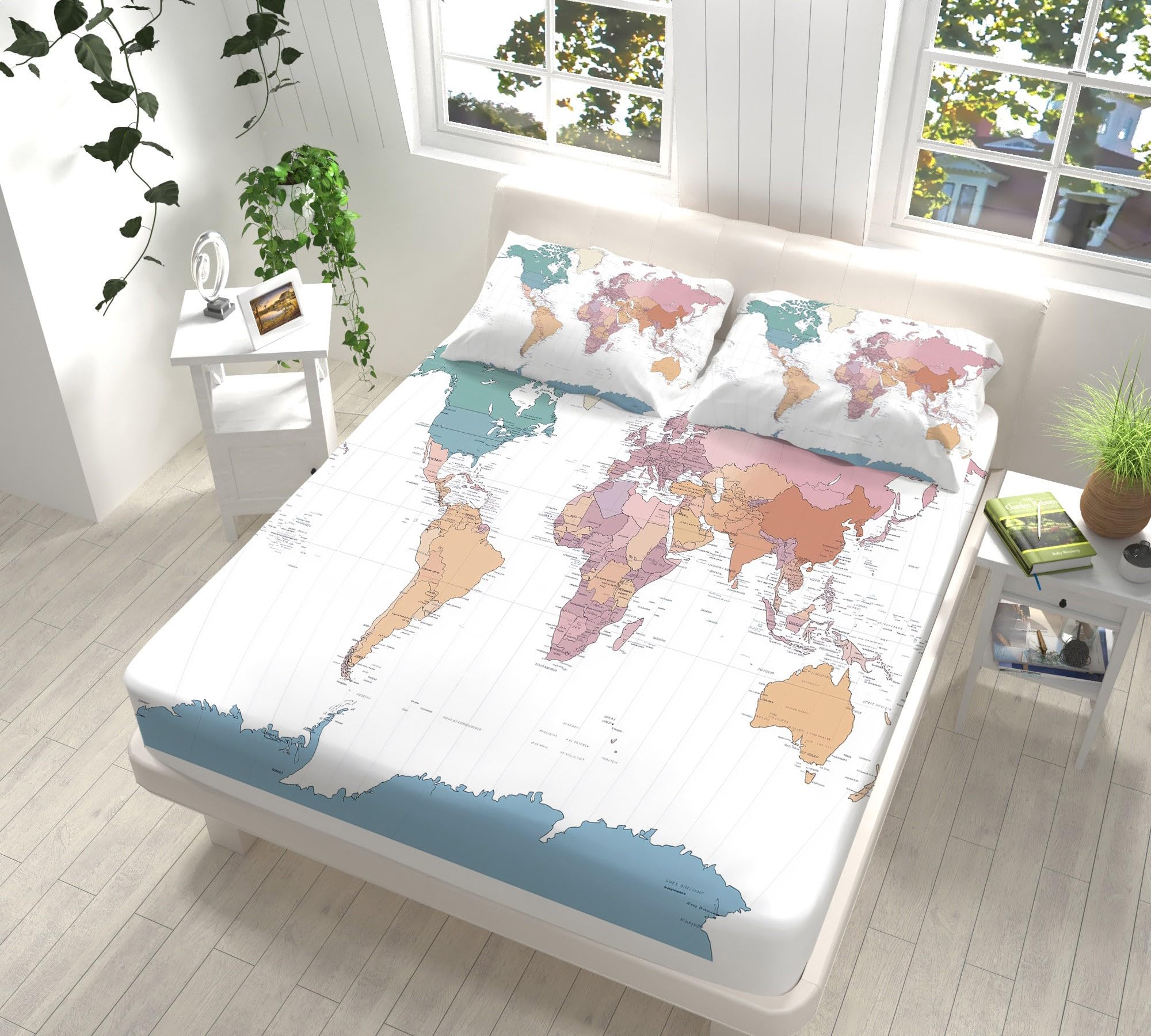 Drap Housse 180 x 240 cm Antidérapants Imprimé Draps Housse Carte du Monde Simple Microfibre brossée Doux Housse Matelas 30 cm Profond, Linge de lit Enfant Adulte Bleu Clair