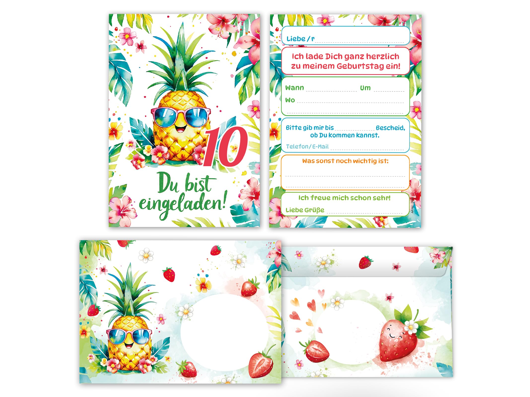 Junaversum 12 Einladungskarten inkl. 12 Umschläge zum 10. Kindergeburtstag Mädchen Ananas Kinder Sommer coole bunte Einladungen zehnte Geburtstag Geburtstagseinladungen Kids