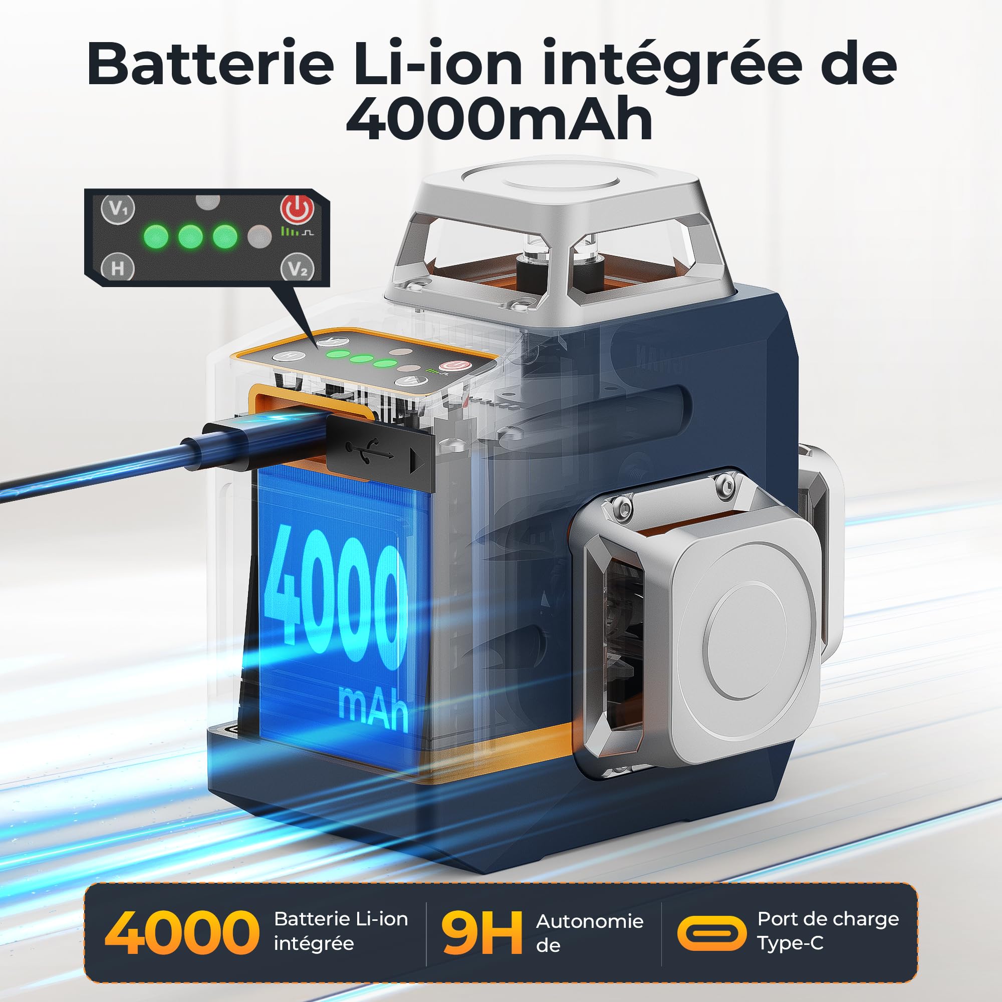 CIGMAN Niveau laser vert 3x360°, laser de chantier à nivellement automatique, distance 30m, 9 hours batterie Li-Ion, avec télécommande, support magnétique, trépied pivotant, sac de transport antichute