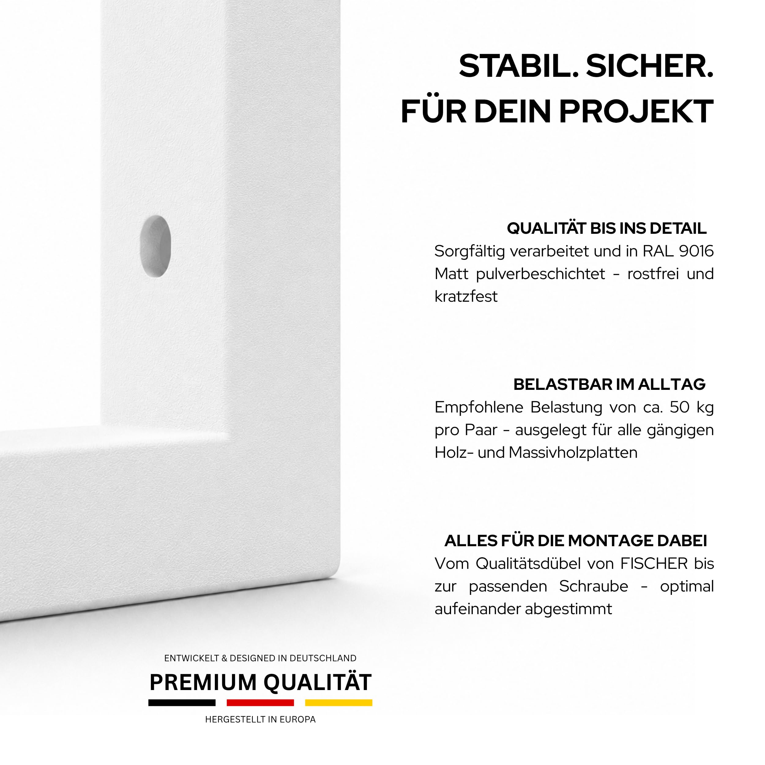HEVVA Support de lavabo hauteur 10 cm 20/25/30/35/40/45/50 cm - RHEIN - console pour vasque à poser, support mural renforcé, équerre lavabo en métal | (lot de 2 - blanc, 20 cm)
