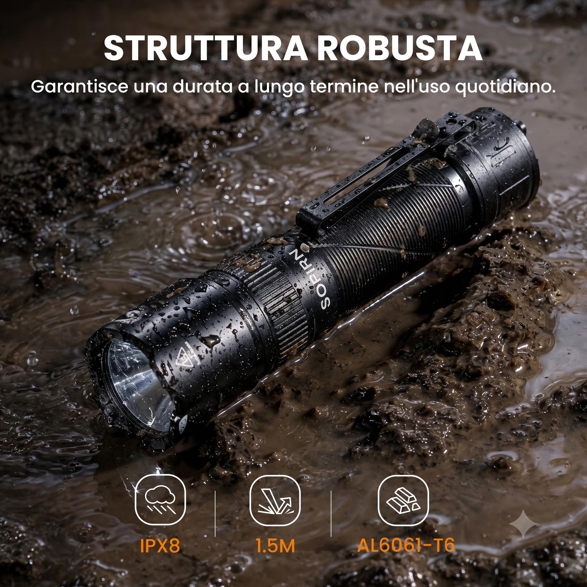 Sofirn SK31 - Torcia tattica a LED, 6800 lumen e portata di 395 m, ricaricabile con USB-C, IPX8 impermeabile, 9 modalità per esterni, campeggio e autodifesa