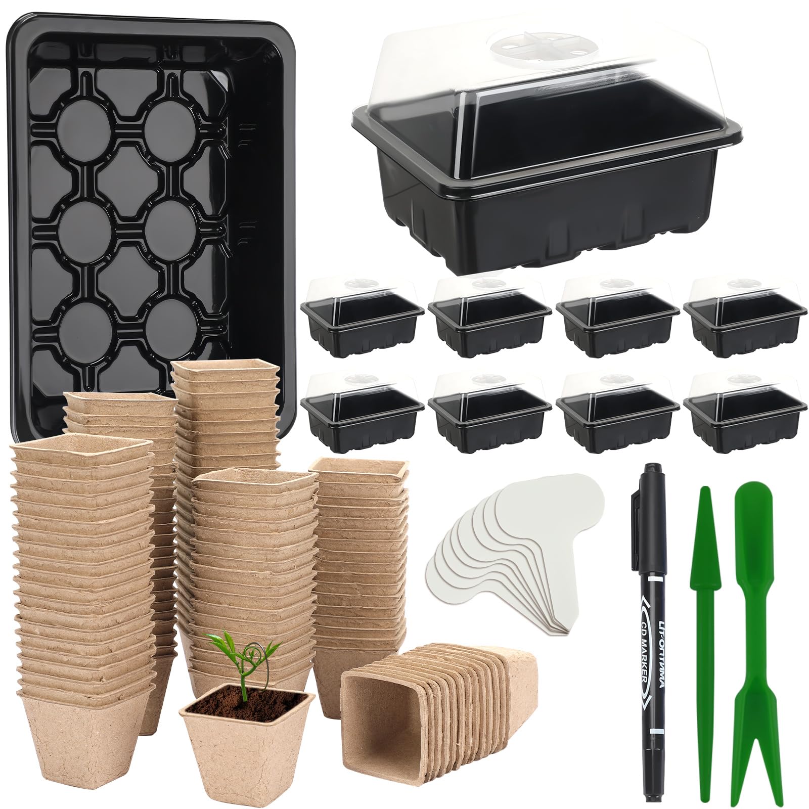 UPINS Seed Starter Trays Kit with 120 Peat Pots, 10 Pack Seedlings Start Tray with Large Cells Square Pots Plastic Growing Trays with Vented Domes Labels Tools