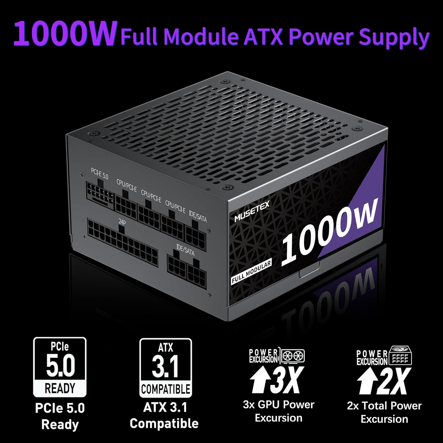 MUSETEX Y6 PC CASE ATX 3 x 120mm Fans Pre-Installed Bundled 1000W PC Power Supply