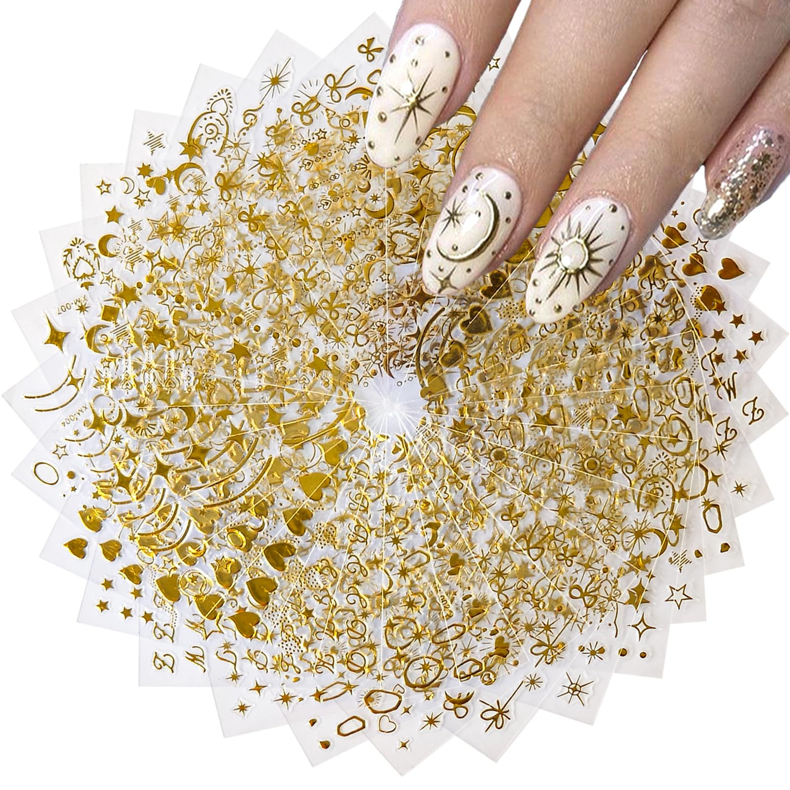 30 Sheets Gold Nail Sticker Star Moon Heart Nail Art Stickers Cute Knot Bow Design 3D Self-Adhesive Nail Decals for Women Girls DIY Nail Art