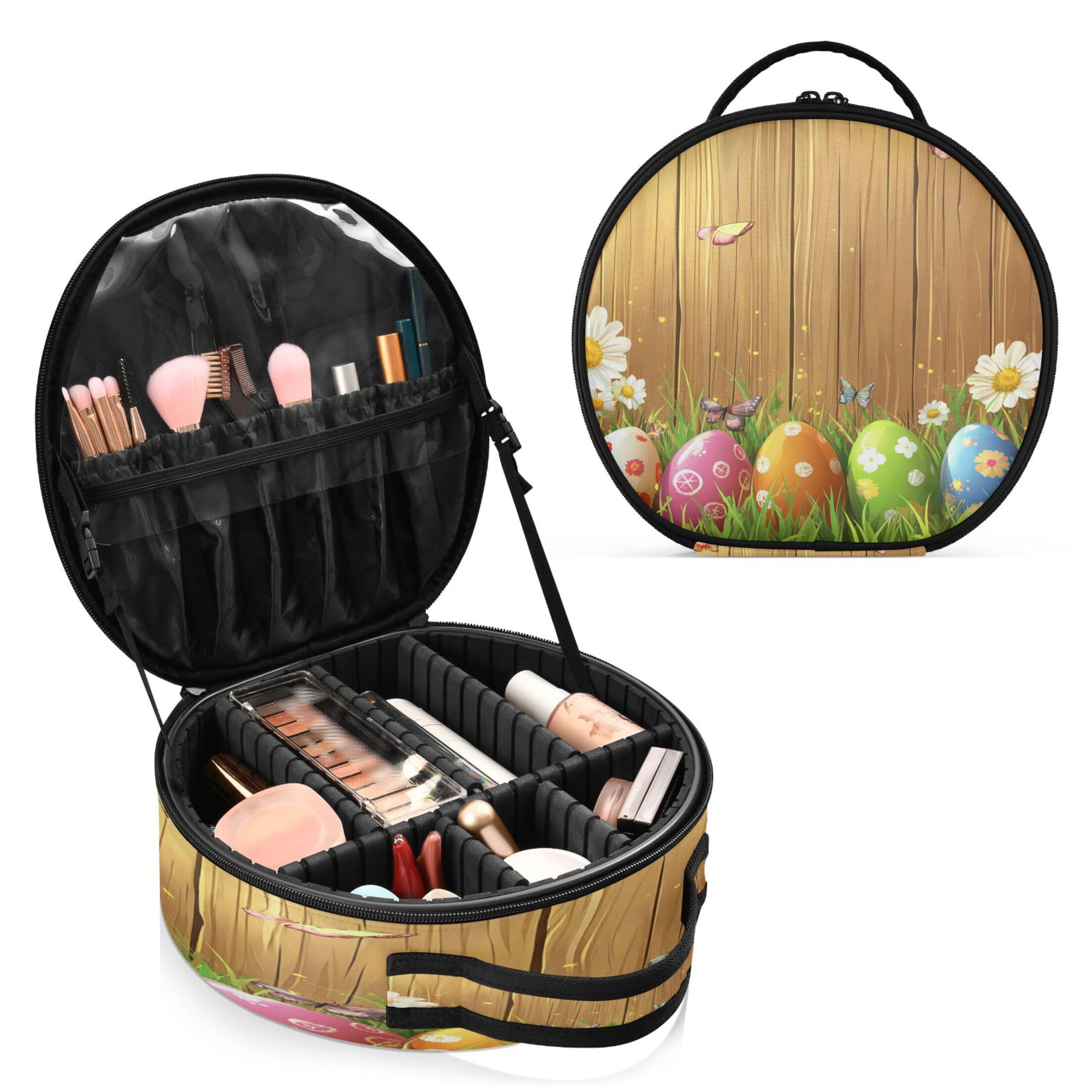 Takiito Easter Eggs in Grass Travel Makeup Case Portable Makeup Box Artist Cosmetic Case Organizer With Adjustable Dividers