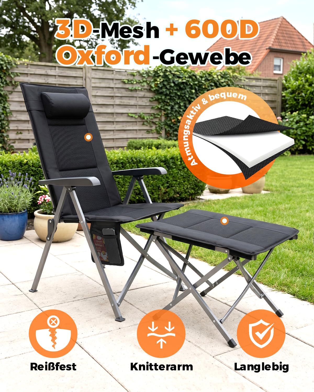 Homecall Krzesło kempingowe, składane, obciążenie 150 kg, z wysokim oparciem, luksusowe krzesło kempingowe z 4 pozycjami, regulowane o grubości 4,5 cm, tapicerowane krzesło wędkarskie (krzesło i