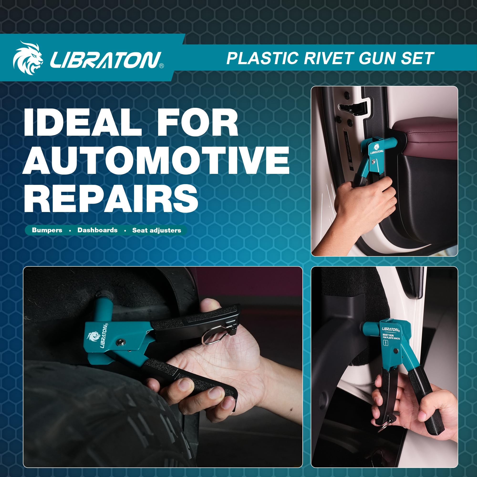 LIBRATON Kit de Pistolet à Rivets Plastique 90° avec 40 Rivets Nylon (4 Tailles), Outil de Retrait, Embout Universel pour Automobile, Ergonomique et 50% Moins d'Effort