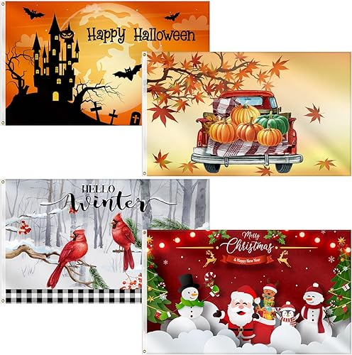 4 unidades de 3 x 5 pies, bandera de Halloween, calabaza, bruja, bandera de Acción de Gracias, pavo, otoño, feliz Navidad, Acción de Gracias,