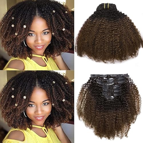 Miniatura 9 de Loxxy Extensiones de cabello humano afro rizado con clip, color negro natural, mezclado con marrón chocolate, grueso y natural, para mujeres negras,