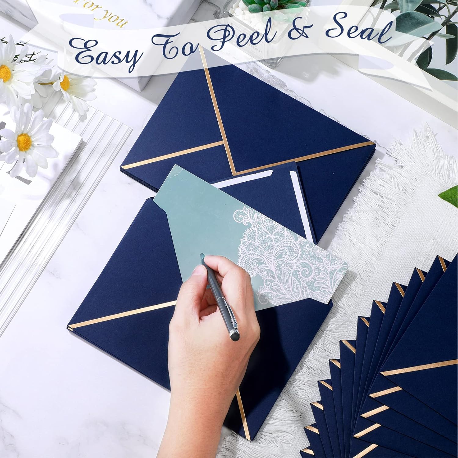 Epakh 100 Pack A7 Envelopes with Gold Border 5 x 7 Envelopes for Invitations V Flap Self Adhesive Thick Mailing for Office Wedding Greeting Cards Birthday Bridal Shower Graduation Parties(Dark Blue)