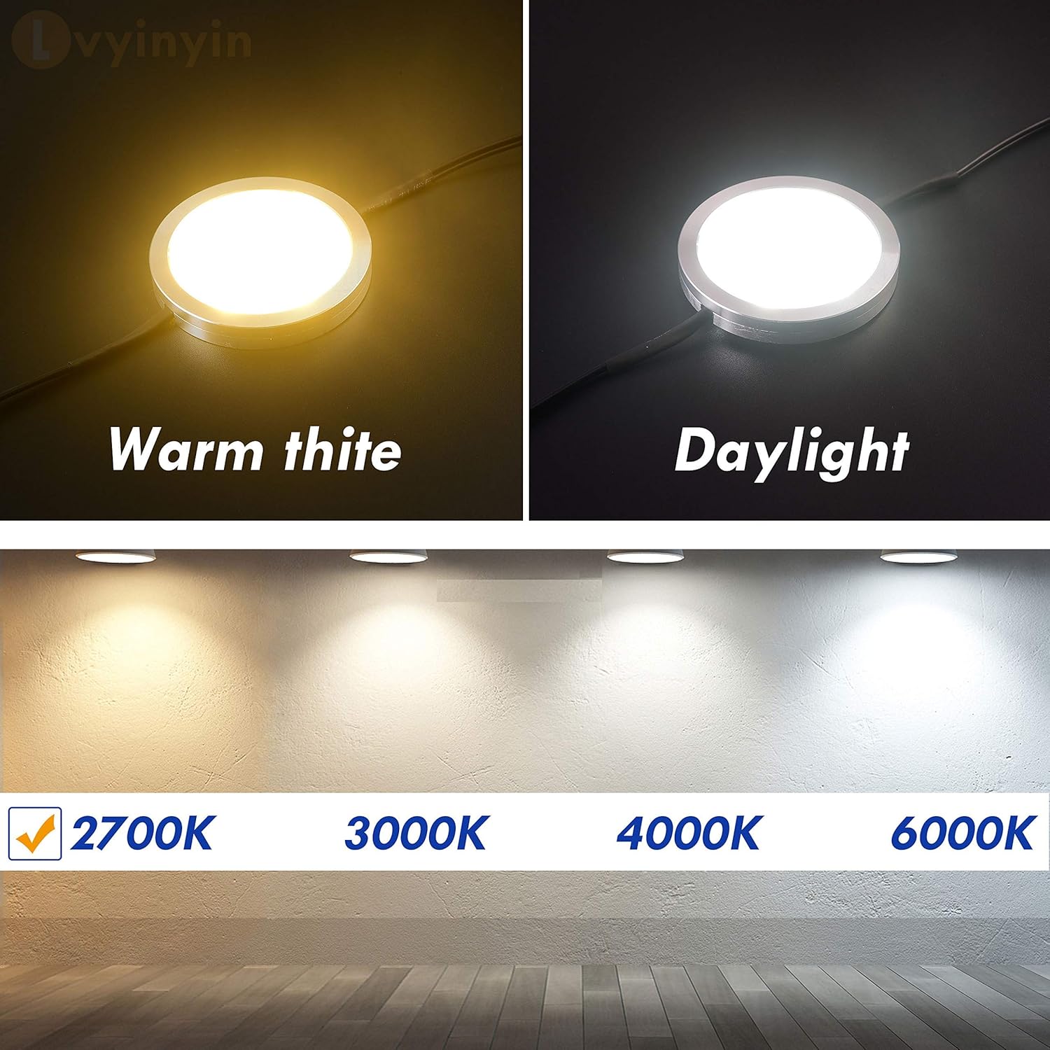 Under Cabinet Lighting Kit, Dimmable Wireless RF Remote Control, Linkable Wired LED Puck Lights, AC120V to DC12V, Hardwired or Wall Plug, 14 Lights & 6 Lights, Warm White