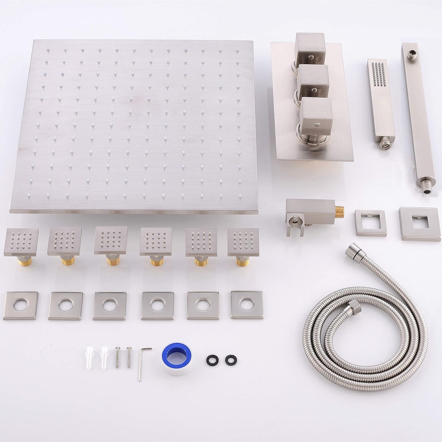 Blасk Frіdау - 70% оƒƒ Luxury Brass Bathroom Brushed Nickel 12 Inch Rain Shower Head and Thermostatic Mixer valve and 6 Massage Body Sprays and Handheld Showerhead Wall Mounted Shower System Set