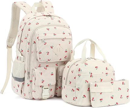 Corduroy School Backpack for Girls Boys, Kids Teens School Bookbags Schoolbag Set with Lunch Box Pencil Bag Corduroy Cherry