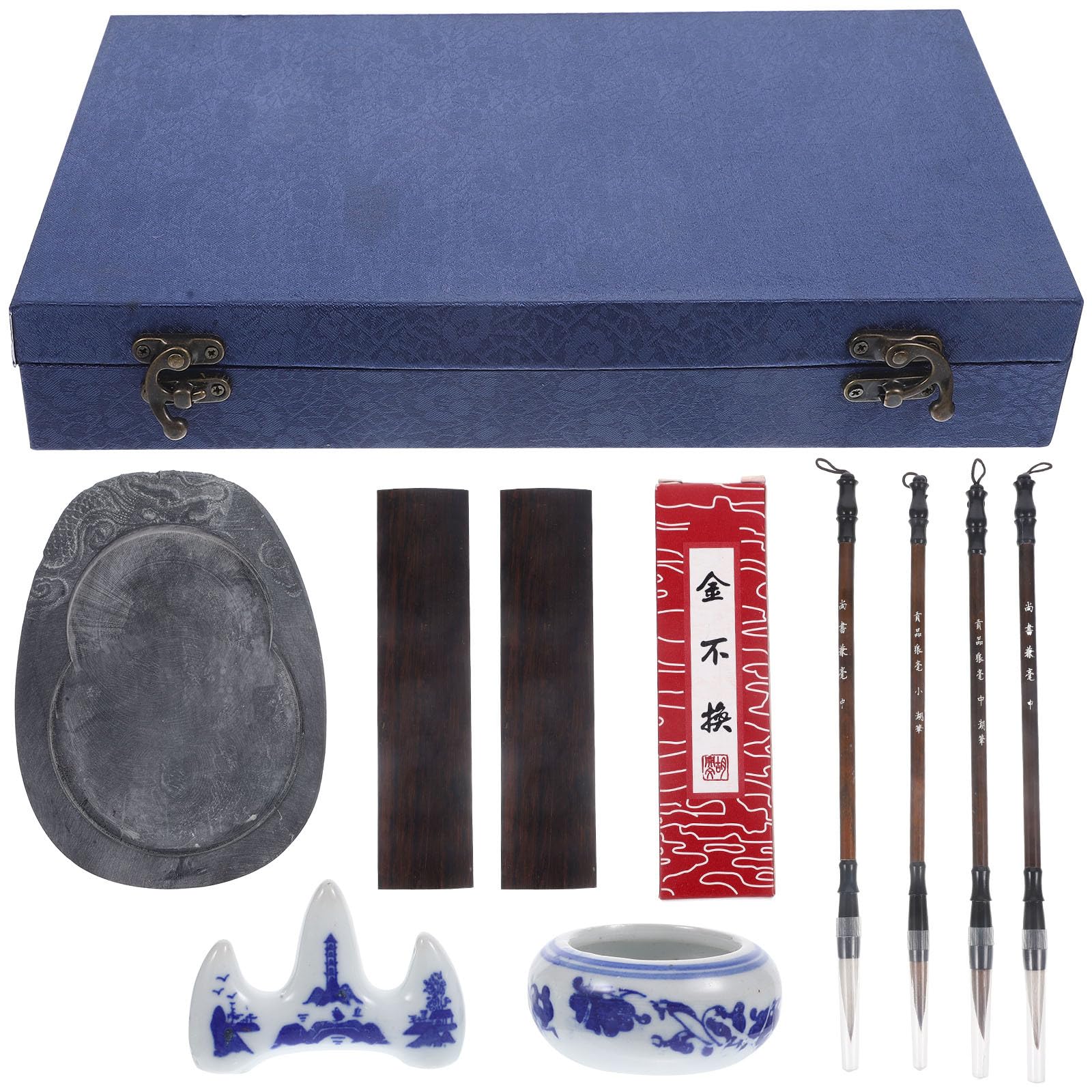 BESTonZON Ensemble 10 Pièces Pinceaux D’Écriture Professionnels Bâtonnets D’Encre Chinoise et Pierre à Encre Portable Kit Calligraphie pour Étudiants et Artistes Coffret Bleu pour Dessin
