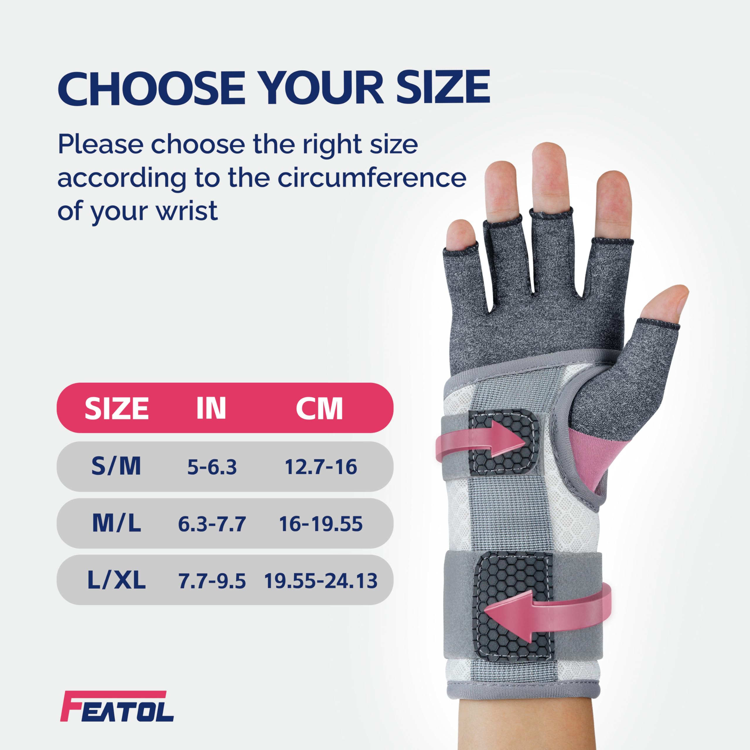 FEATOL Juego de muñequera para túnel carpiano y guantes de compresión para artritis para mujer, muñequera corta, soporte diurno, alivio del dolor para el trabajo, mecanografía, tendinitis, esguinces,