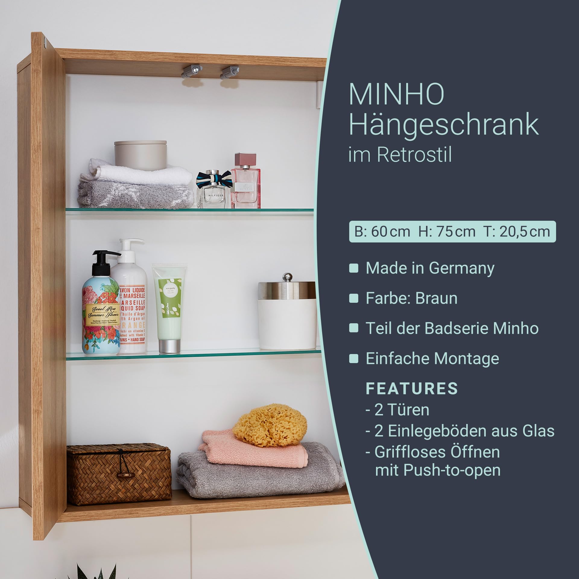 BadeDu Minho Hängeschrank – 60 cm in AST-Eiche Optik, Moderner skandinavischer Stil, 2 Türen mit 2 Glaseinlegeböden, Made in Germany