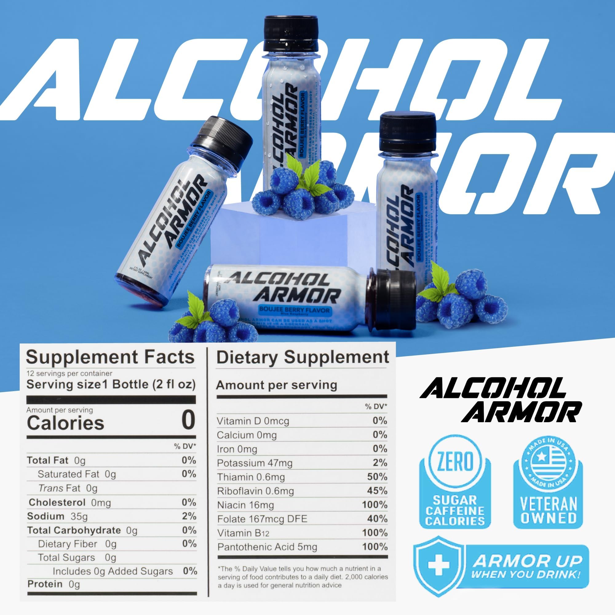 Amazon.com: Alcohol Armor Recovery Shot 12-Pack  2 oz Supplement with  Natural DHM, Milk Thistle, Activated Charcoal, Electrolytes & B12   Dye-Free, Caffeine-Free & Sugar-Free Hydration & Party Support Drink :  Health