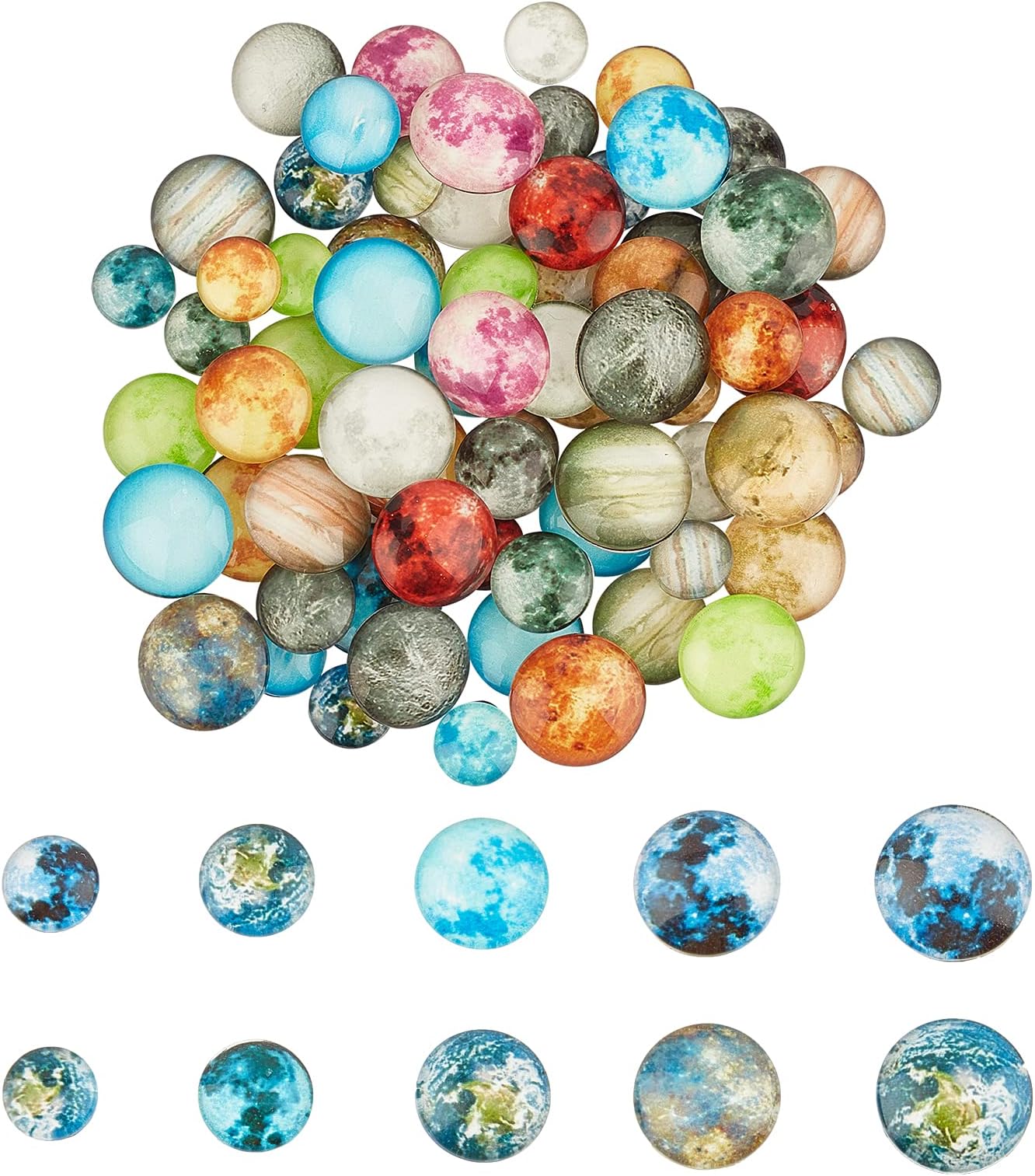 CHGCRAFT 80Pcs 10Styles Luminous Glass Cabochons Solar System Planet Pattern Round Flatback Charms for Keychain Key Ring Bracelet Jewelry Making, 10/12/14/15/16mm