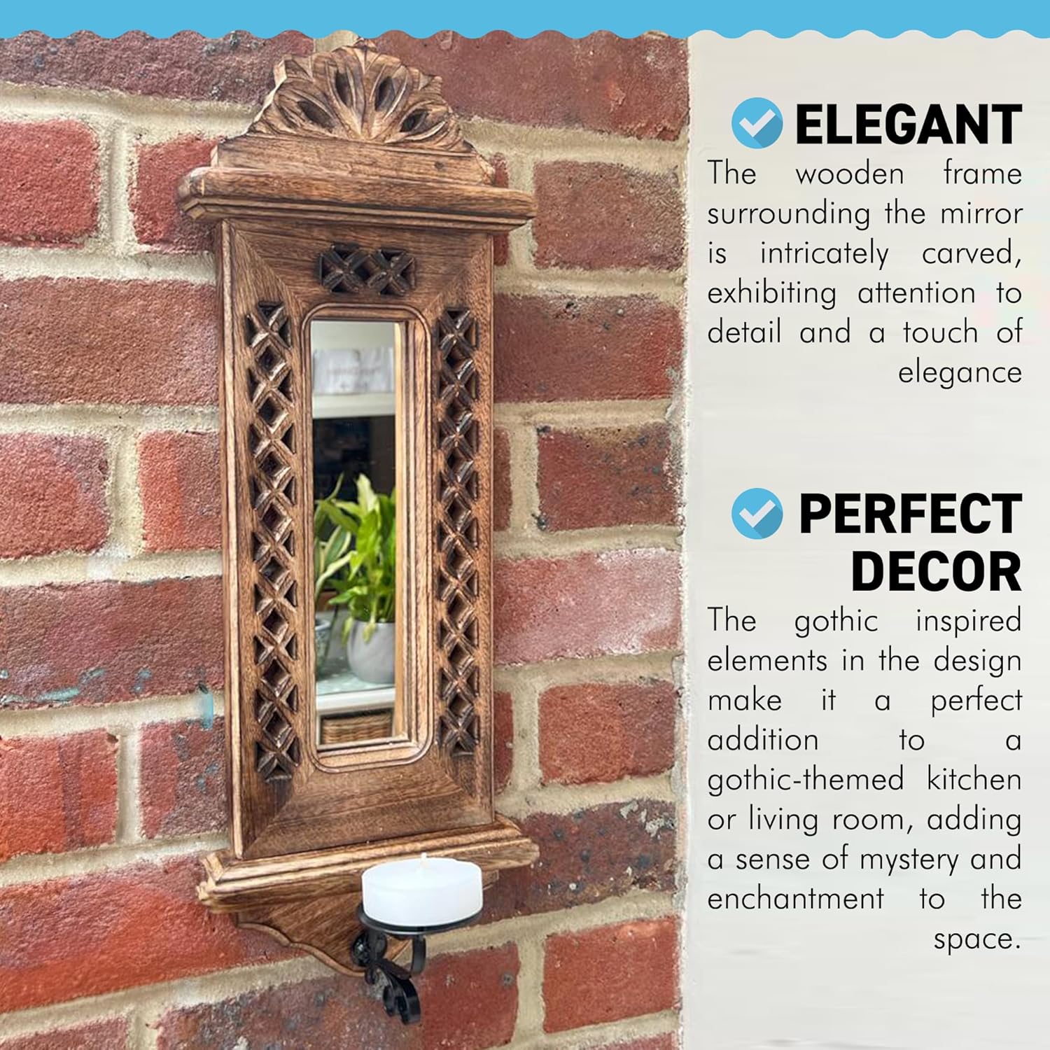 Wooden wall mirror with candle sconce | Wall mounted candle holder | Candle sconce decoration | Gothic kitchen living decoration | Hanging candle holder | 50cm x 18cm